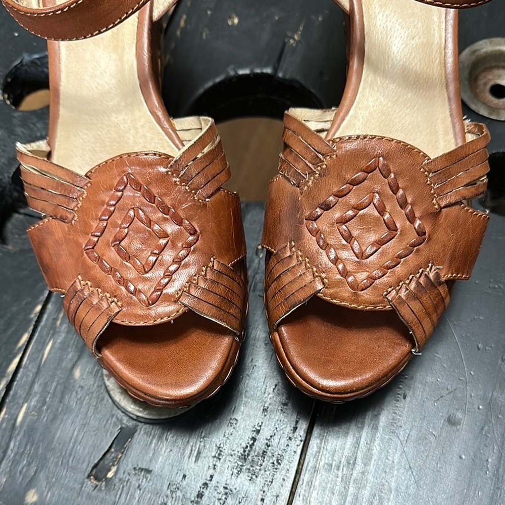 FRYE Carlie Huarache Ankle Brown Leather Wedge Sandals - Picture 8 of 14